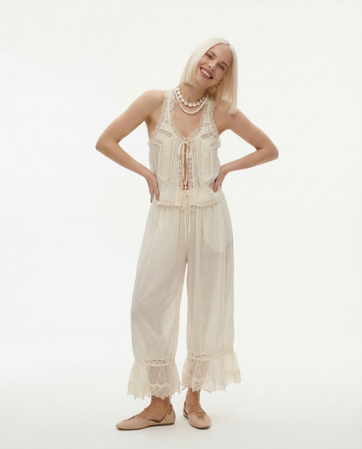 Lace-Trim Cotton Two-Piece Set with Tank Top and Wide-Leg Drawstring Pants