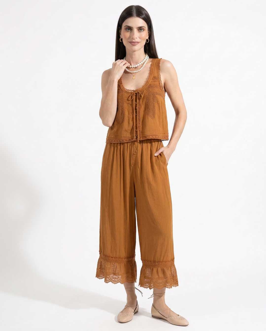 Lace-Trim Cotton Two-Piece Set with Tank Top and Wide-Leg Drawstring Pants