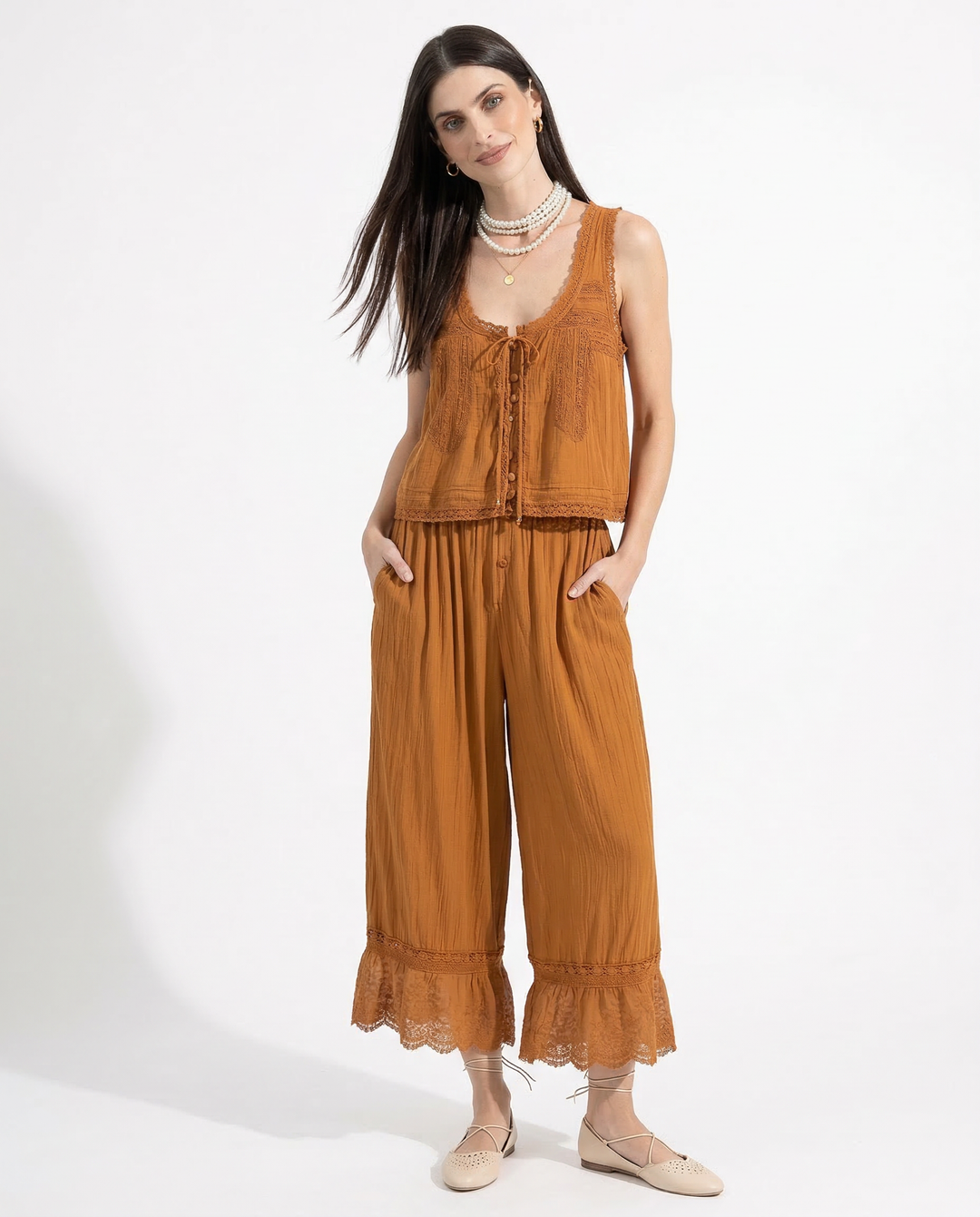 Lace-Trim Cotton Two-Piece Set with Tank Top and Wide-Leg Drawstring Pants