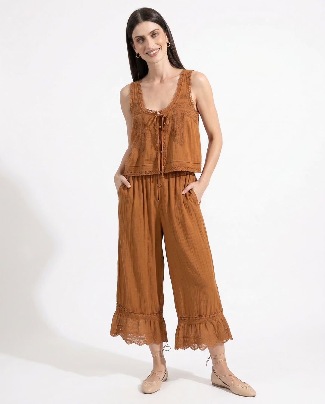Lace-Trim Cotton Two-Piece Set with Tank Top and Wide-Leg Drawstring Pants