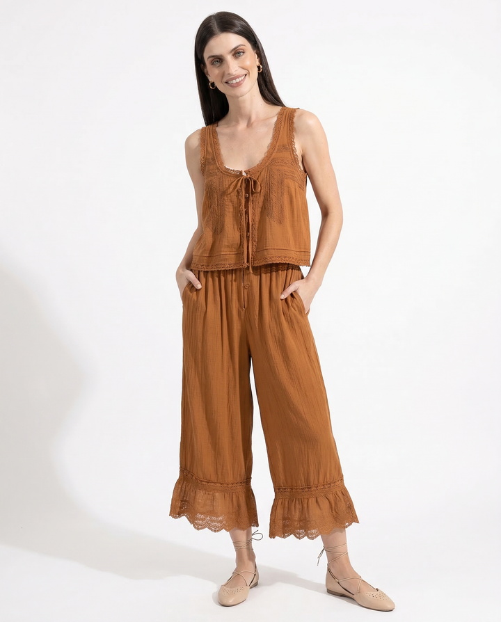 Lace-Trim Cotton Two-Piece Set with Tank Top and Wide-Leg Drawstring Pants