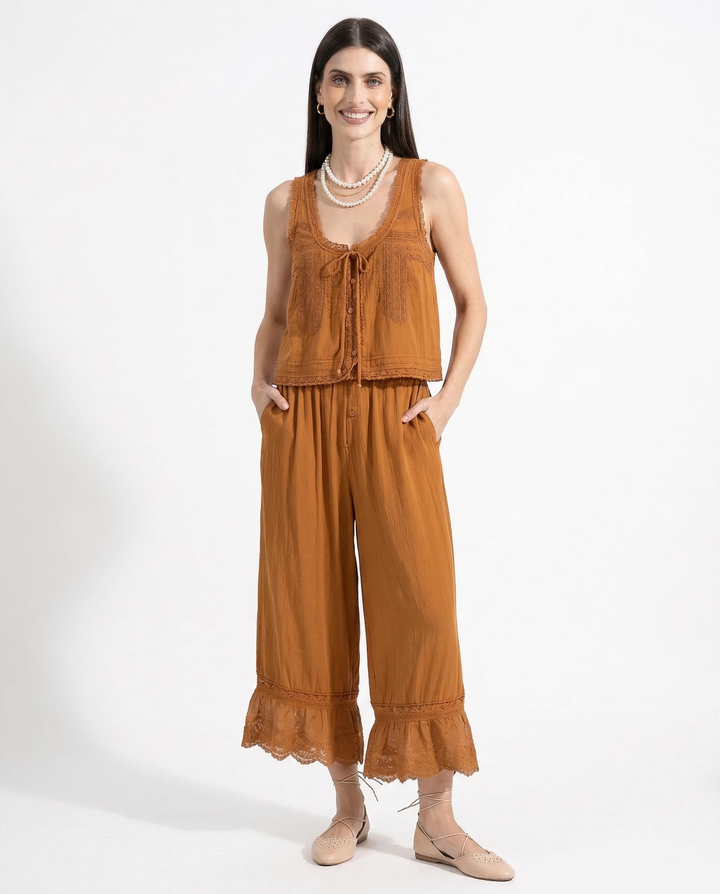Lace-Trim Cotton Two-Piece Set with Tank Top and Wide-Leg Drawstring Pants