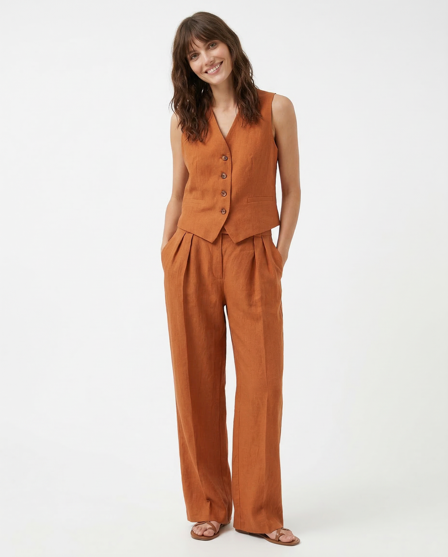 Linen Trouser Set with Buttoned Vest Top and Wide-Leg Pleated Trousers, Two-Piece Design