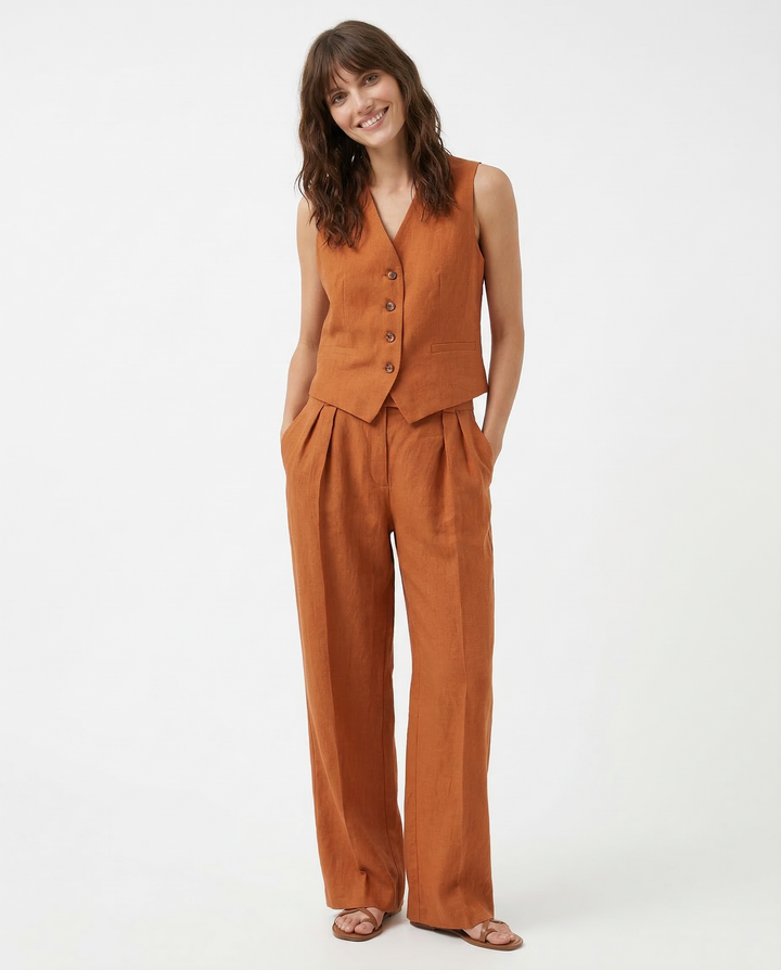 Linen Trouser Set with Buttoned Vest Top and Wide-Leg Pleated Trousers, Two-Piece Design