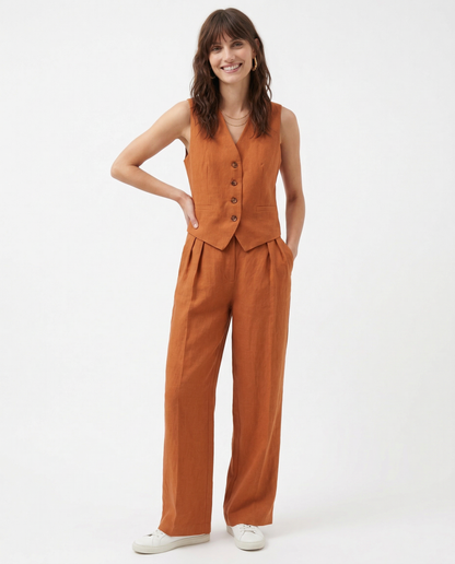 Linen Trouser Set with Buttoned Vest Top and Wide-Leg Pleated Trousers, Two-Piece Design