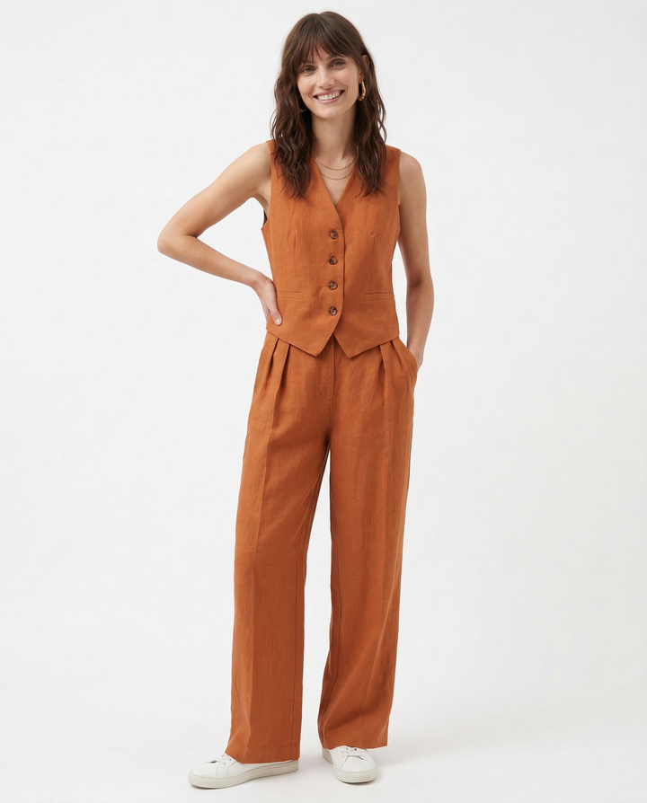 Linen Trouser Set with Buttoned Vest Top and Wide-Leg Pleated Trousers, Two-Piece Design