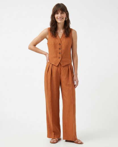 Linen Trouser Set with Buttoned Vest Top and Wide-Leg Pleated Trousers, Two-Piece Design