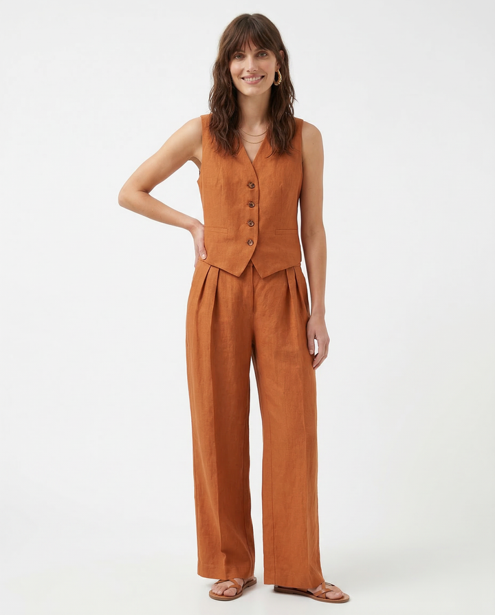 Linen Trouser Set with Buttoned Vest Top and Wide-Leg Pleated Trousers, Two-Piece Design