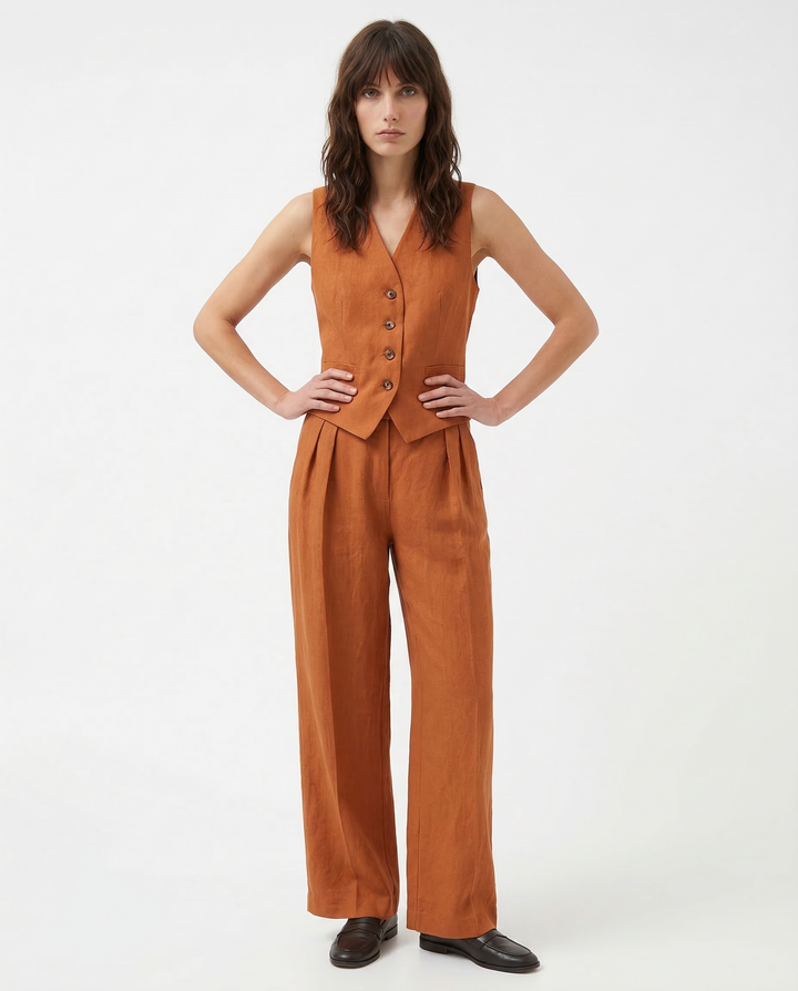 Linen Trouser Set with Buttoned Vest Top and Wide-Leg Pleated Trousers, Two-Piece Design