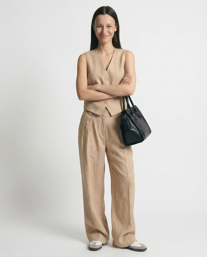 Linen Trouser Set with Buttoned Vest Top and Wide-Leg Pleated Trousers, Two-Piece Design