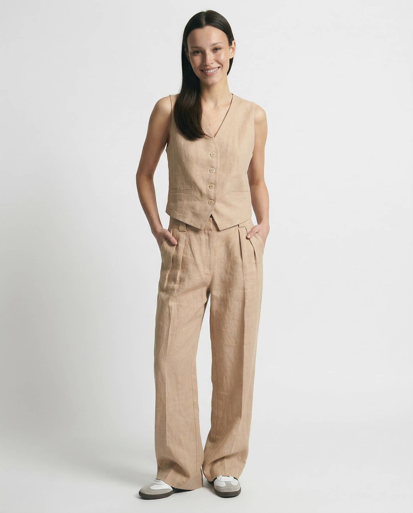 Linen Trouser Set with Buttoned Vest Top and Wide-Leg Pleated Trousers, Two-Piece Design