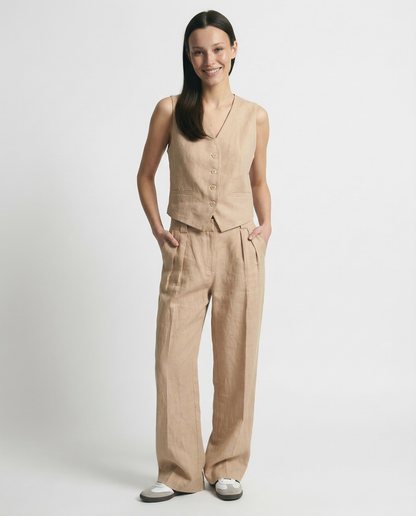 Linen Trouser Set with Buttoned Vest Top and Wide-Leg Pleated Trousers, Two-Piece Design