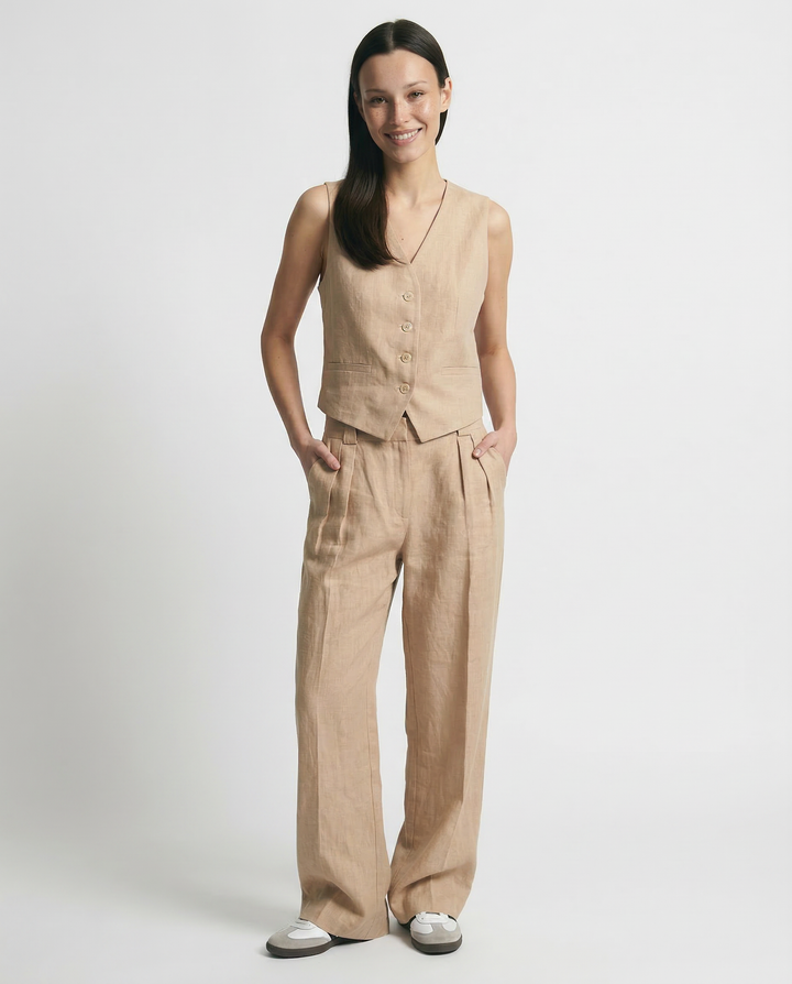Linen Trouser Set with Buttoned Vest Top and Wide-Leg Pleated Trousers, Two-Piece Design