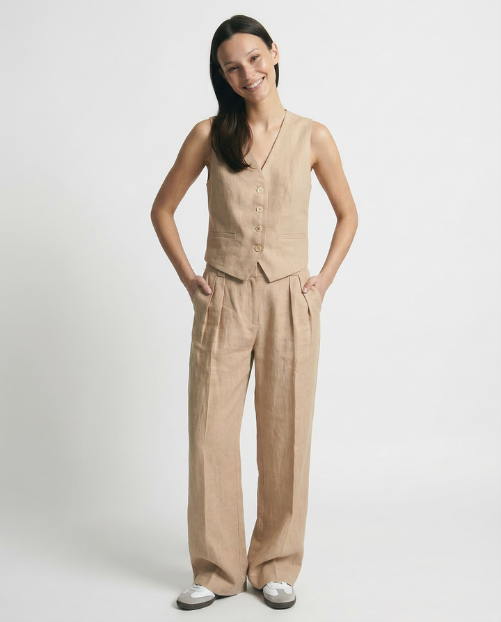 Linen Trouser Set with Buttoned Vest Top and Wide-Leg Pleated Trousers, Two-Piece Design