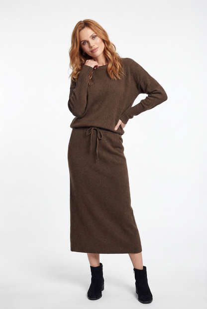 Knit Sweater and Skirt Two-Piece Set with Relaxed Pullover Fit and Ribbed Texture in Khaki