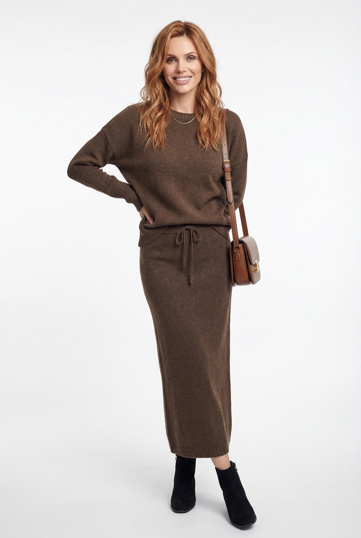 Knit Sweater and Skirt Two-Piece Set with Relaxed Pullover Fit and Ribbed Texture in Khaki
