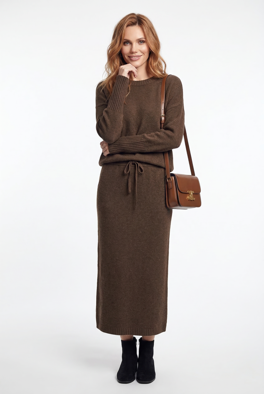 Knit Sweater and Skirt Two-Piece Set with Relaxed Pullover Fit and Ribbed Texture in Khaki