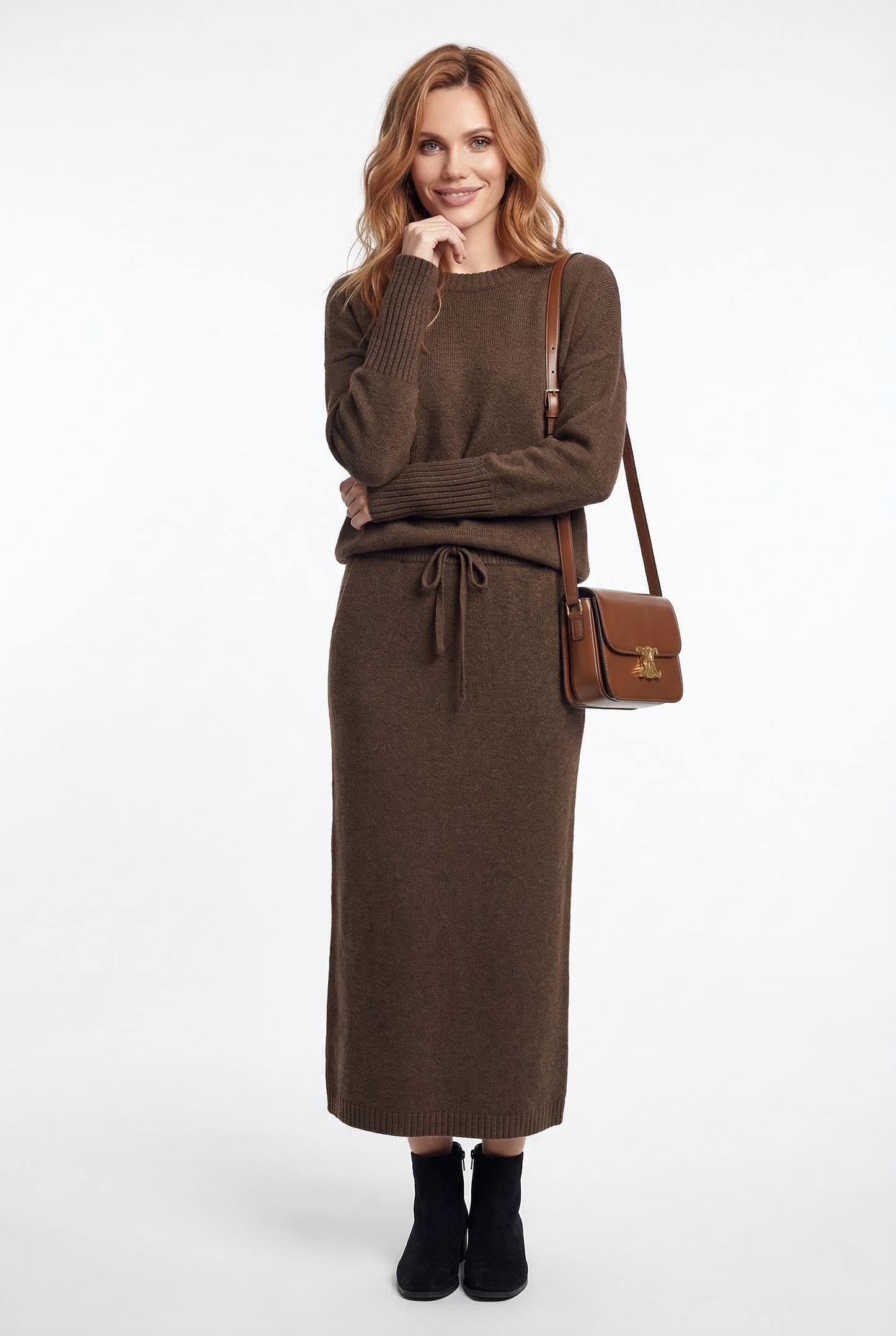 Knit Sweater and Skirt Two-Piece Set with Relaxed Pullover Fit and Ribbed Texture in Khaki