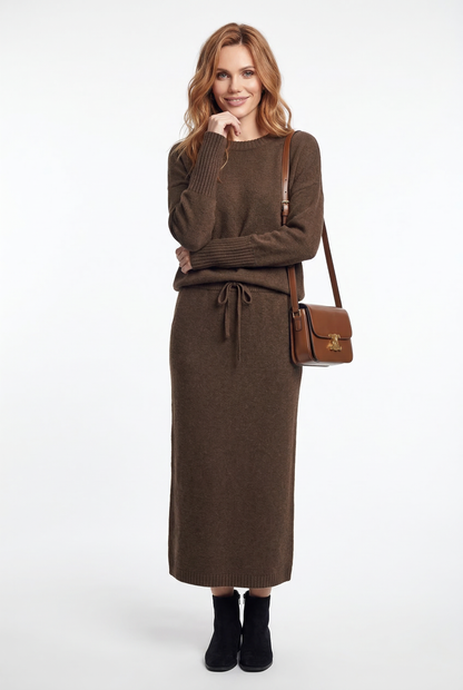 Knit Sweater and Skirt Two-Piece Set with Relaxed Pullover Fit and Ribbed Texture in Khaki