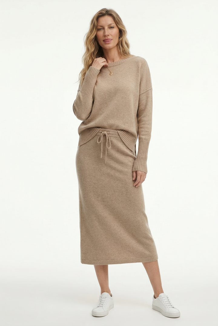 Knit Sweater and Skirt Two-Piece Set with Relaxed Pullover Fit and Ribbed Texture in Khaki