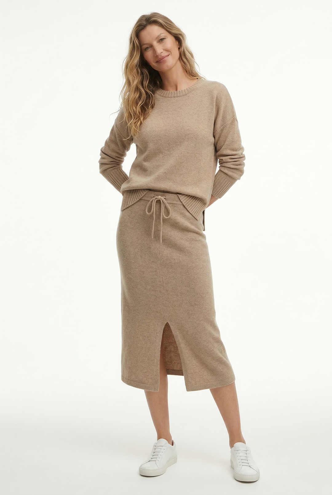 Knit Sweater and Skirt Two-Piece Set with Relaxed Pullover Fit and Ribbed Texture in Khaki