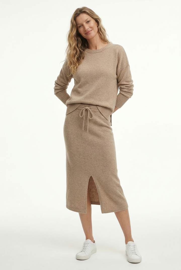 Knit Sweater and Skirt Two-Piece Set with Relaxed Pullover Fit and Ribbed Texture in Khaki