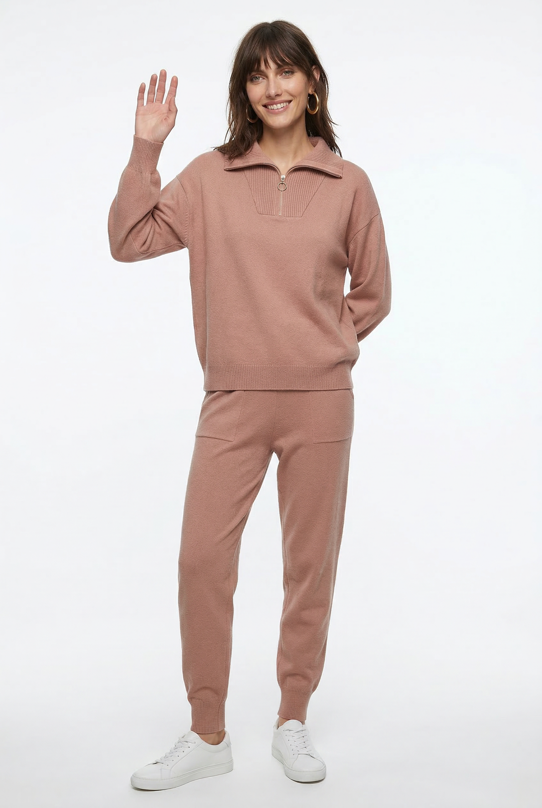 Half-Zip Knit Two-Piece Lounge Set with Elastic-Waist Pants and Soft Ribbed Texture in Peach