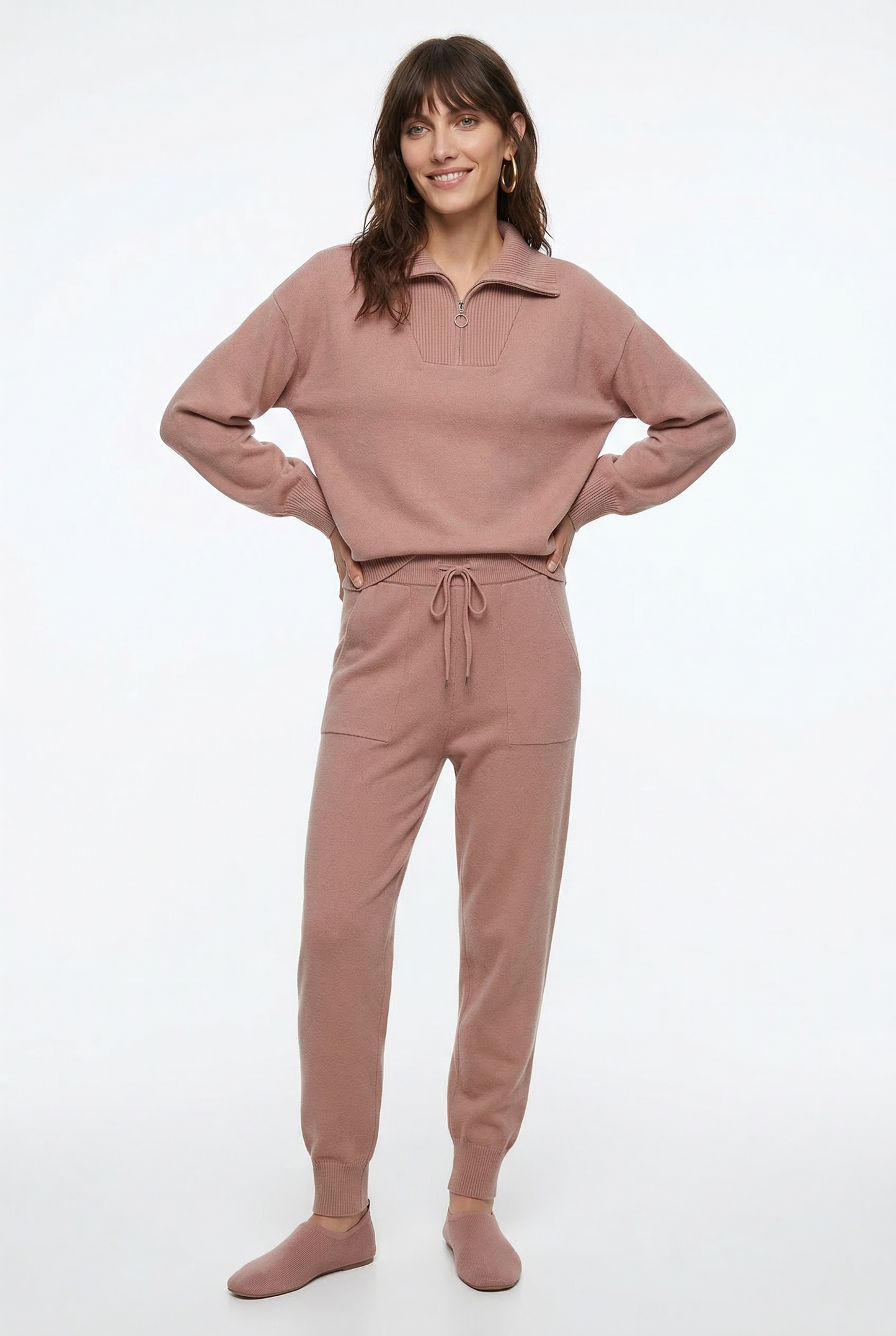 Half-Zip Knit Two-Piece Lounge Set with Elastic-Waist Pants and Soft Ribbed Texture in Peach