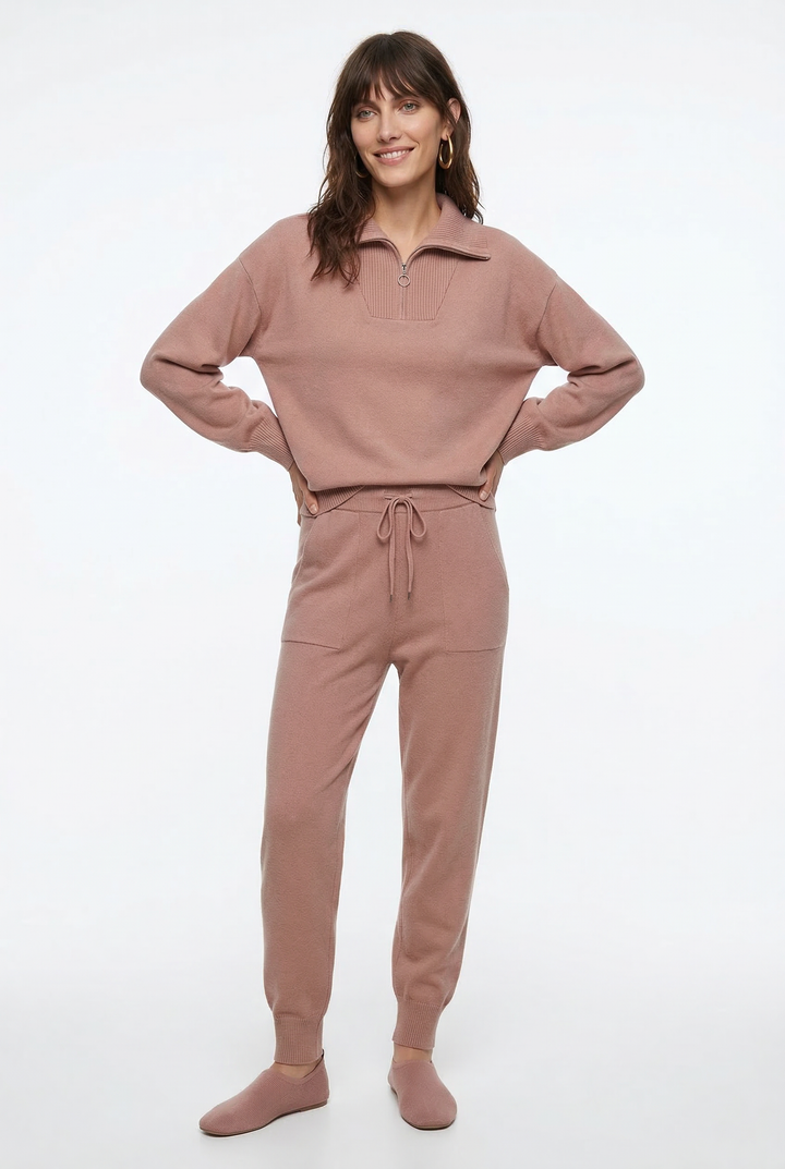Half-Zip Knit Two-Piece Lounge Set with Elastic-Waist Pants and Soft Ribbed Texture in Peach