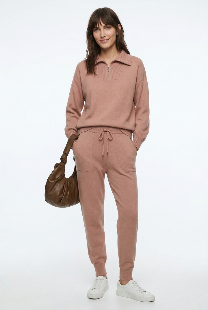 Half-Zip Knit Two-Piece Lounge Set with Elastic-Waist Pants and Soft Ribbed Texture in Peach
