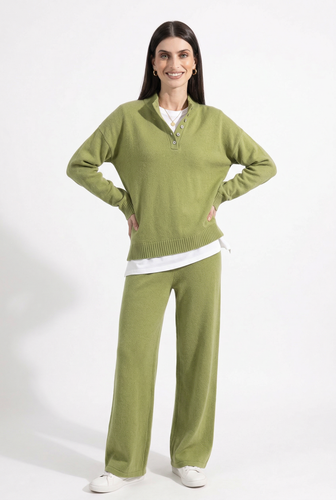 Cashmere Knit Set with Relaxed Pullover and Wide-Leg Trousers, Soft Green Two-Piece Loungewear