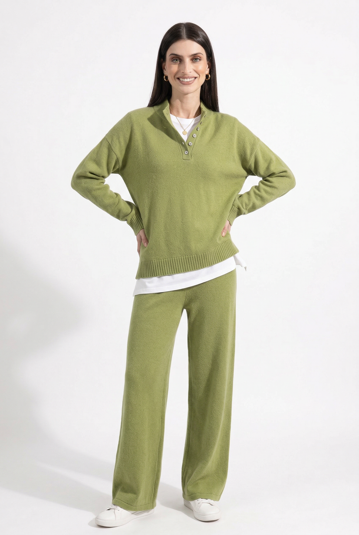 Cashmere Knit Set with Relaxed Pullover and Wide-Leg Trousers, Soft Green Two-Piece Loungewear