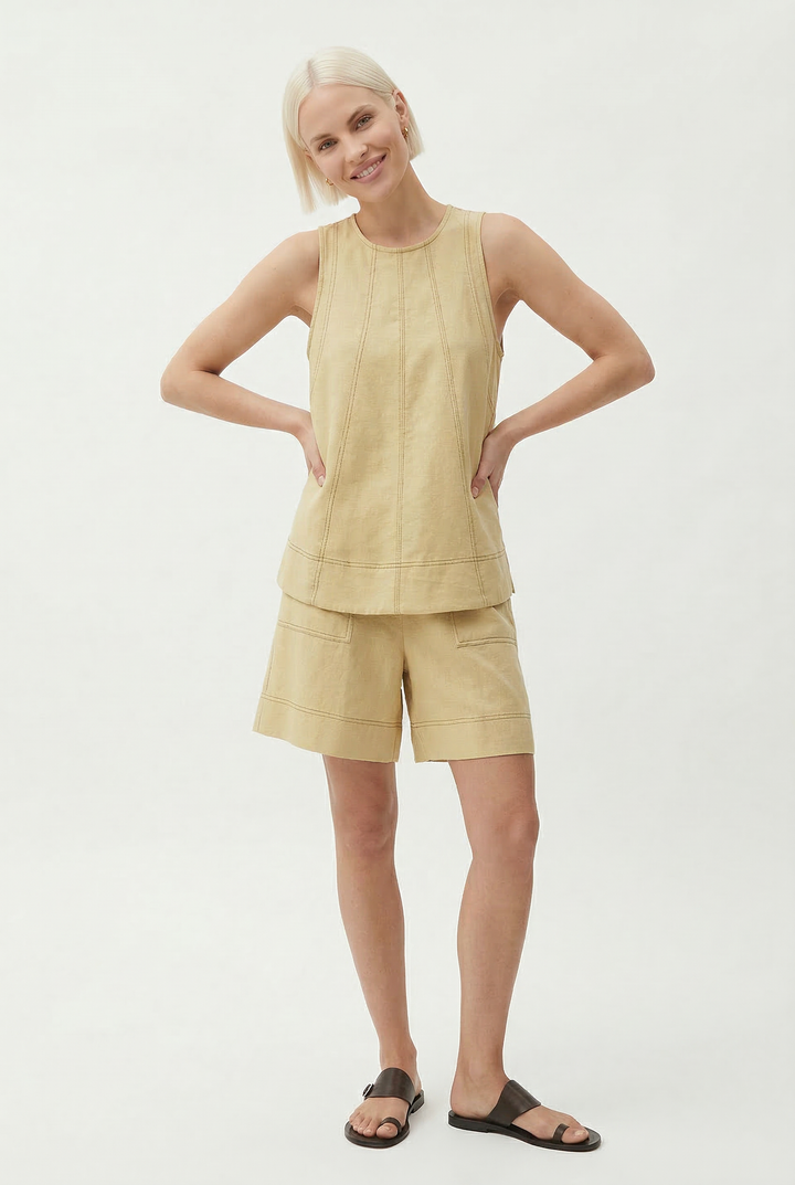 Two-Piece Cotton Set, Cropped Tank Top and Elastic-Waist Shorts with Raw Seam Detailing in Sunwashed Yellow