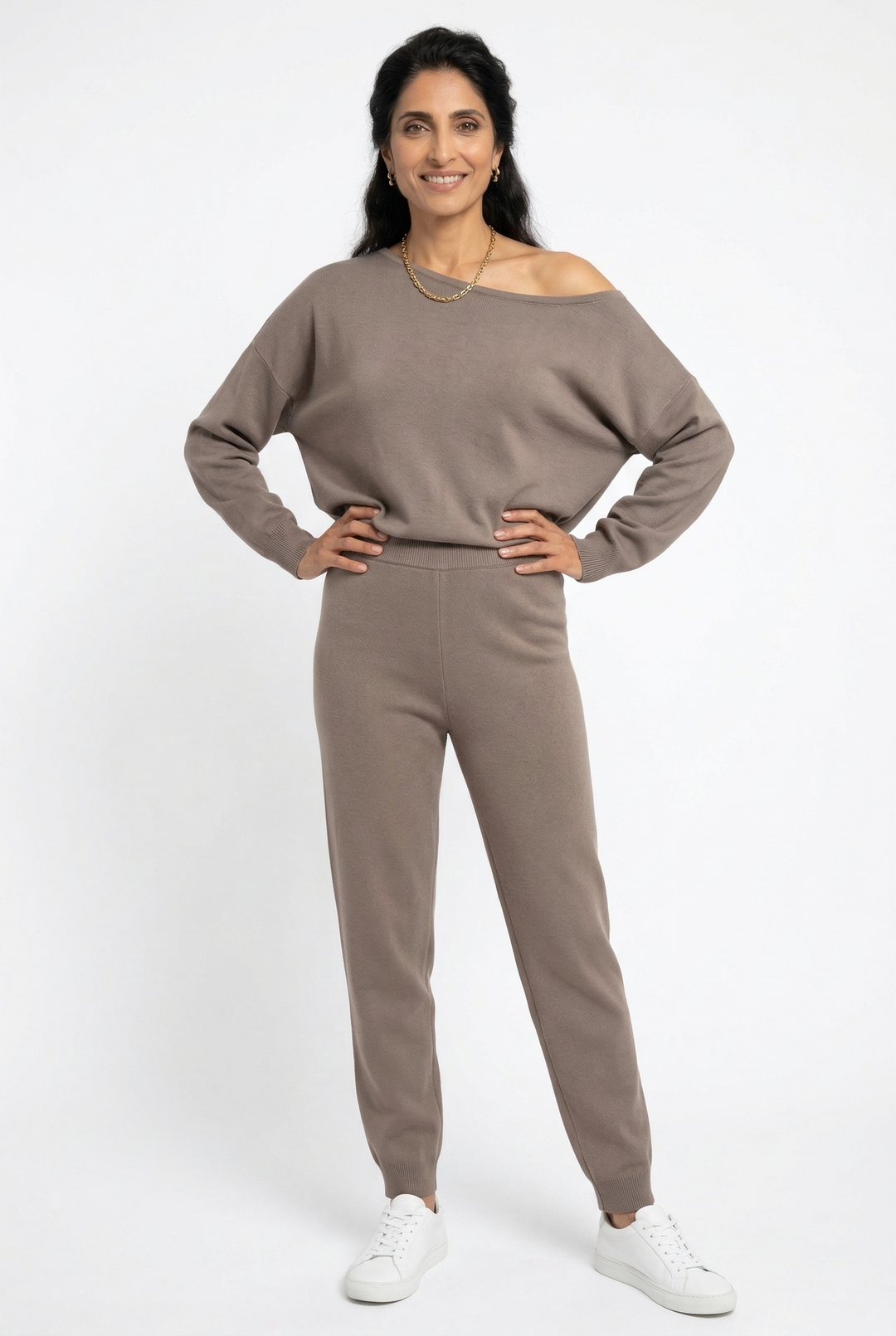 Off-Shoulder Loungewear Knit Set with Soft Flowing Fabric and Relaxed Fit in Camel