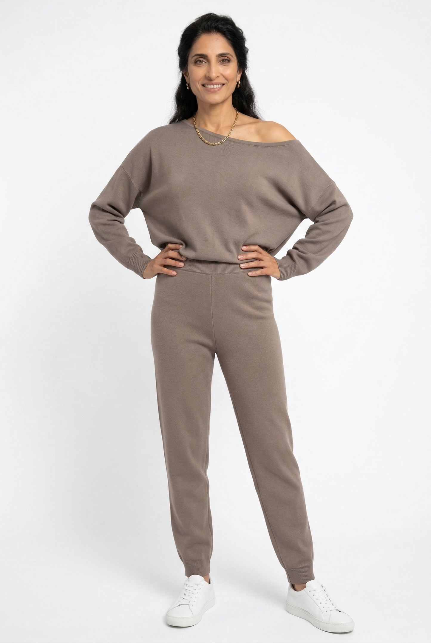 Off-Shoulder Loungewear Knit Set with Soft Flowing Fabric and Relaxed Fit in Camel