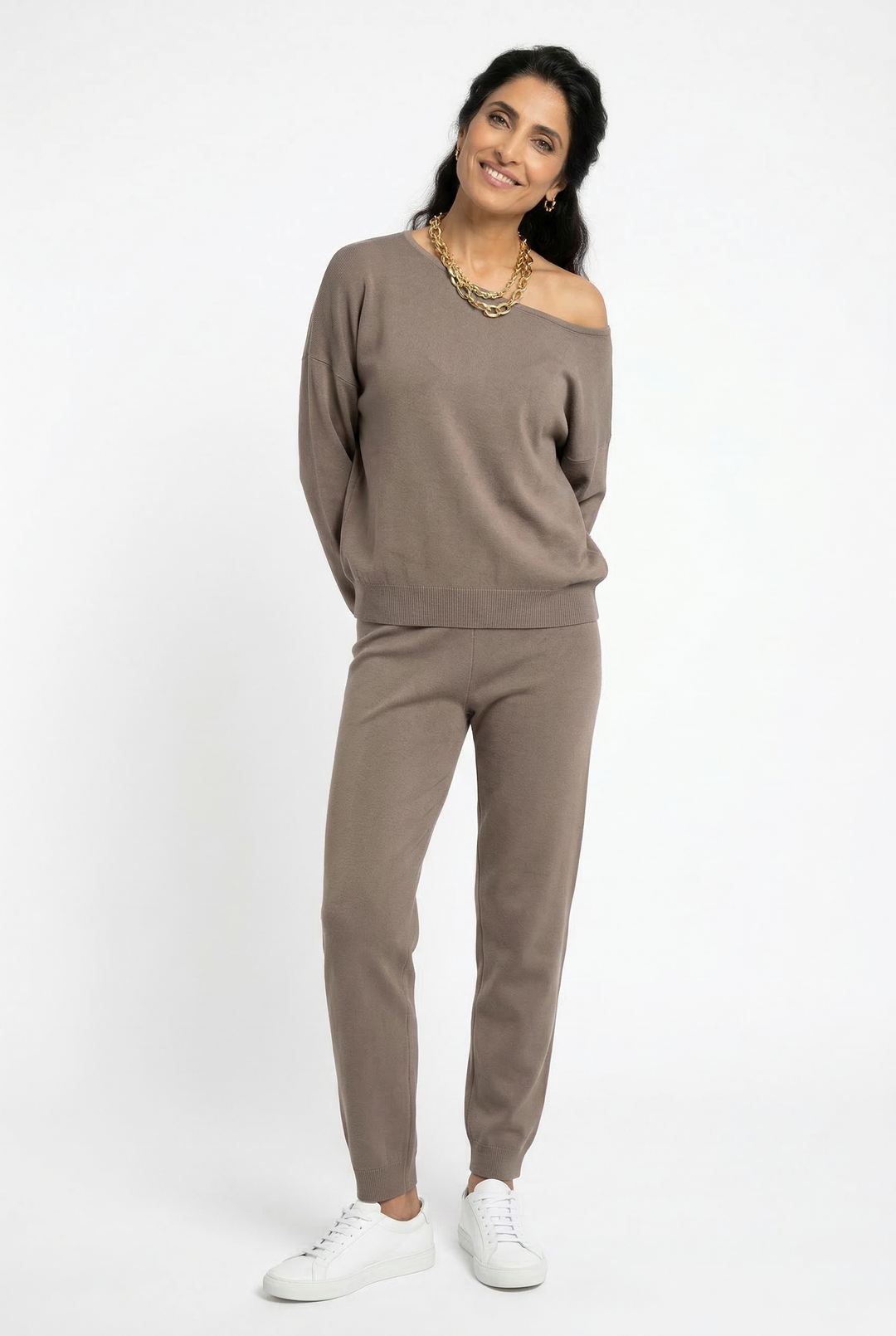 Off-Shoulder Loungewear Knit Set with Soft Flowing Fabric and Relaxed Fit in Camel