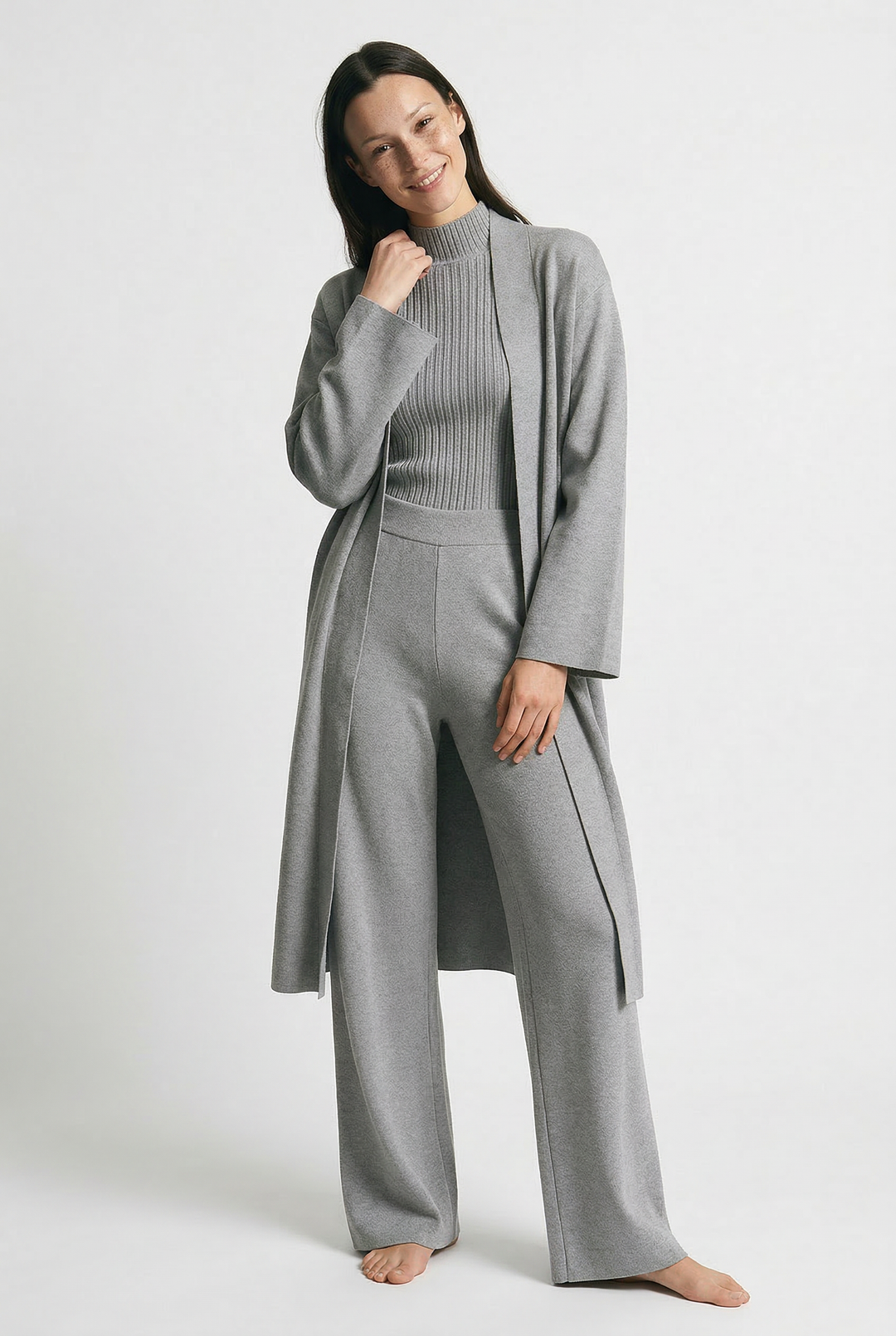 Three-Piece Knit Lounge Set with Ribbed High-Neck Sweater, Wide-Leg Pants, and Open Cardigan