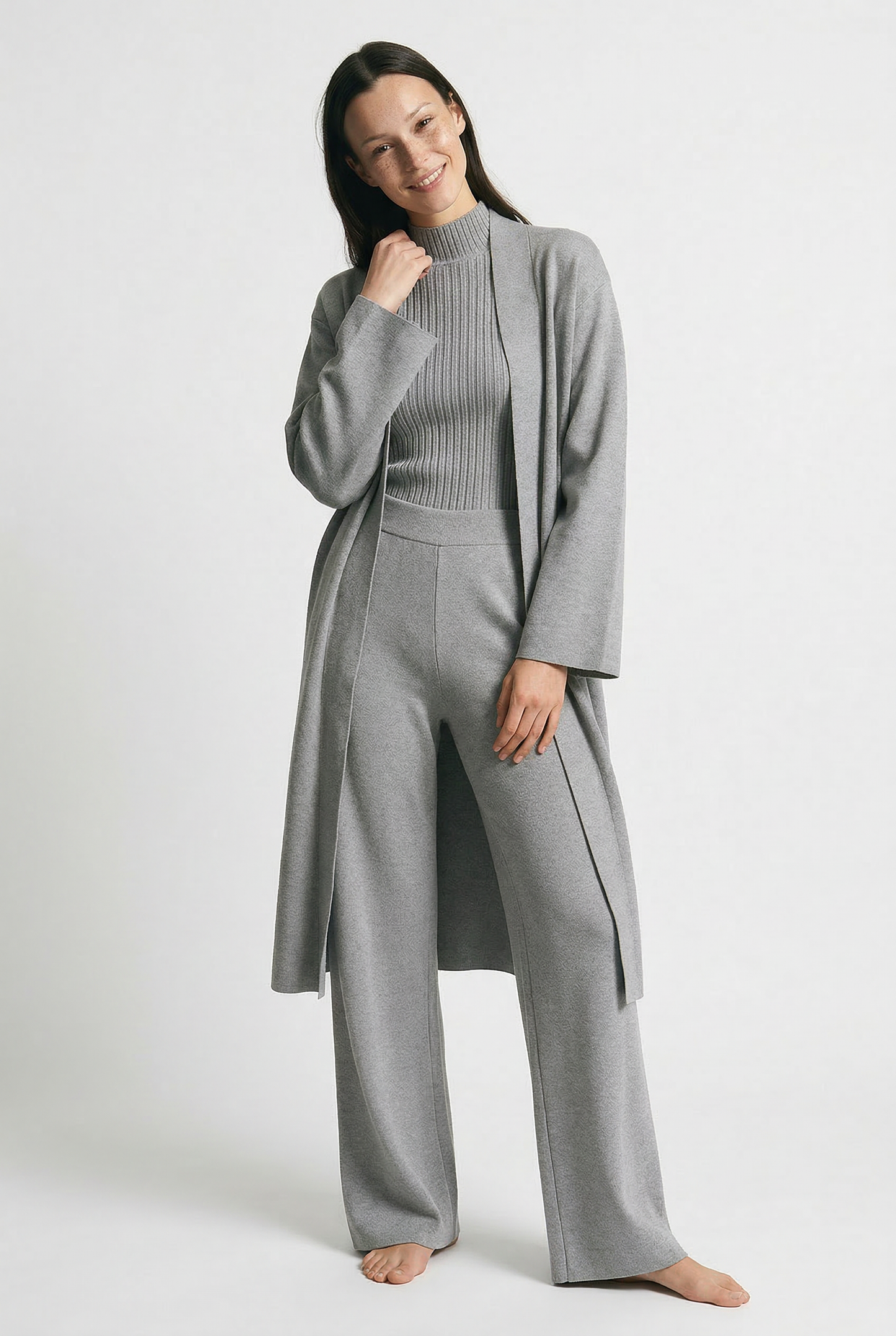 Three-Piece Knit Lounge Set with Ribbed High-Neck Sweater, Wide-Leg Pants, and Open Cardigan