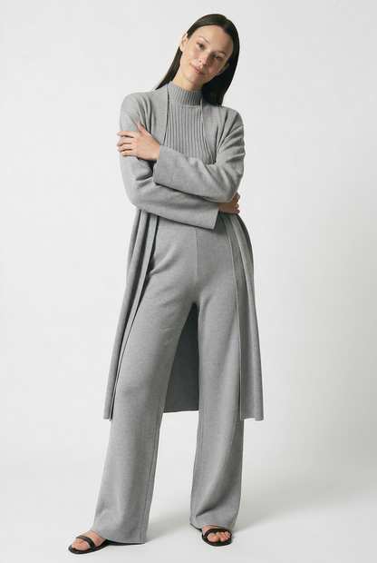 Three-Piece Knit Lounge Set with Ribbed High-Neck Sweater, Wide-Leg Pants, and Open Cardigan