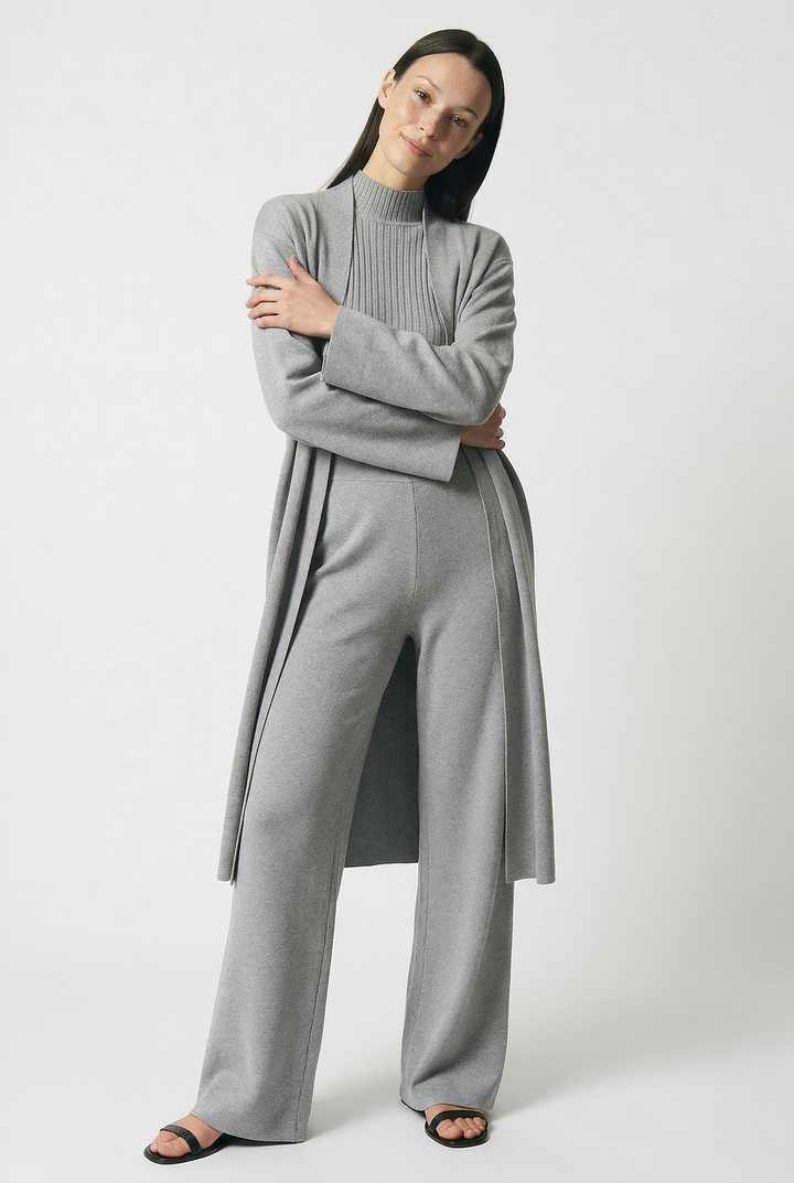 Three-Piece Knit Lounge Set with Ribbed High-Neck Sweater, Wide-Leg Pants, and Open Cardigan