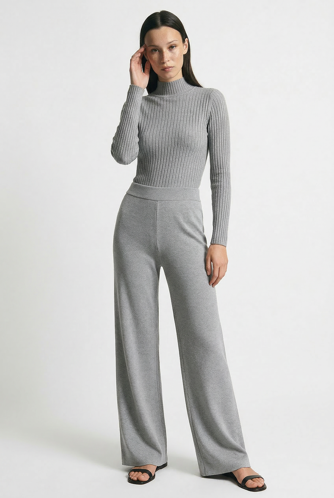 Three-Piece Knit Lounge Set with Ribbed High-Neck Sweater, Wide-Leg Pants, and Open Cardigan