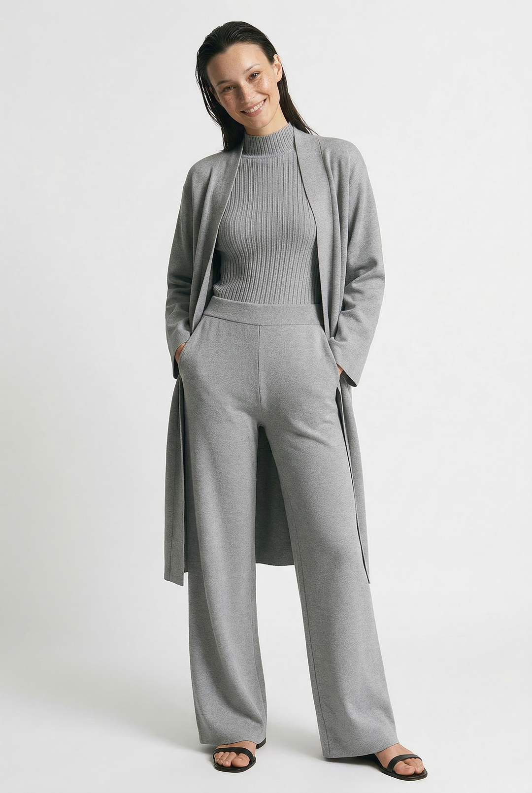 Three-Piece Knit Lounge Set with Ribbed High-Neck Sweater, Wide-Leg Pants, and Open Cardigan