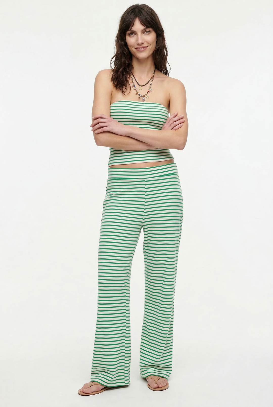 Striped Cotton-Linen Two-Piece Set with Fitted Bandeau Top and Relaxed Wide-Leg Pants