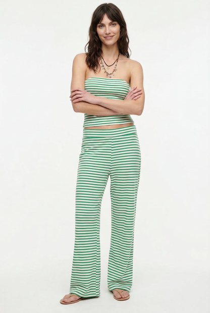 Striped Cotton-Linen Two-Piece Set with Fitted Bandeau Top and Relaxed Wide-Leg Pants