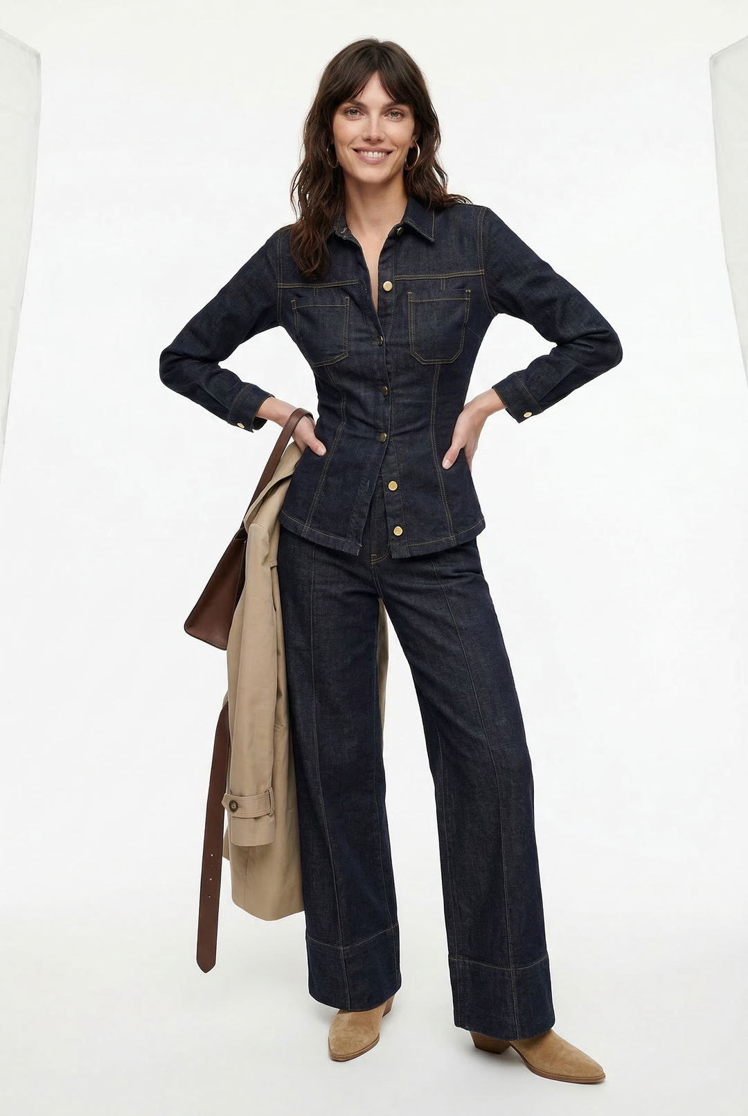 Denim Two-Piece Set with Tailored Button Jacket, Wide-Leg Pants, and Gold Hardware