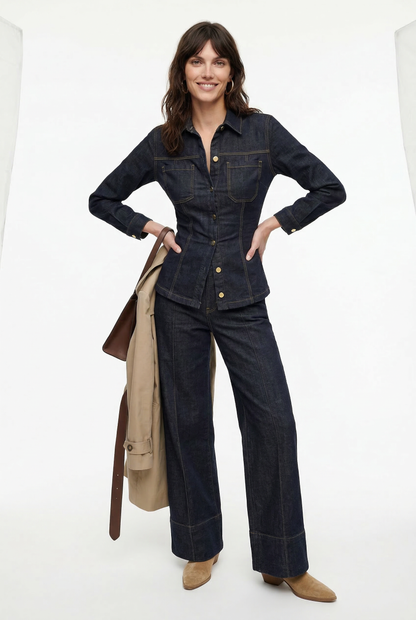 Denim Two-Piece Set with Tailored Button Jacket, Wide-Leg Pants, and Gold Hardware