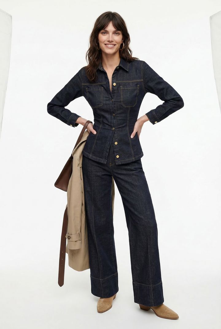 Denim Two-Piece Set with Tailored Button Jacket, Wide-Leg Pants, and Gold Hardware