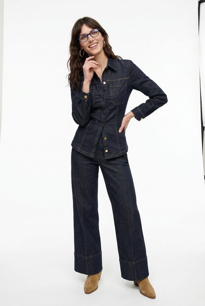 Denim Two-Piece Set with Tailored Button Jacket, Wide-Leg Pants, and Gold Hardware