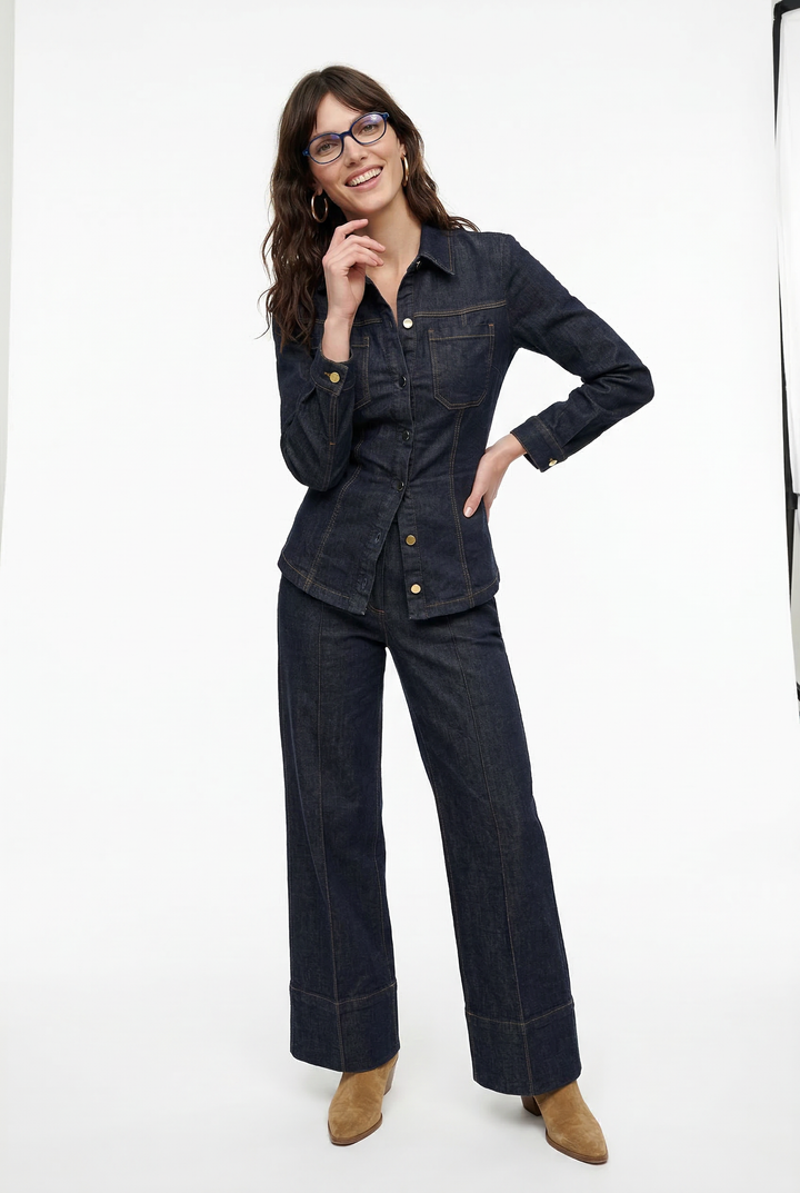 Denim Two-Piece Set with Tailored Button Jacket, Wide-Leg Pants, and Gold Hardware