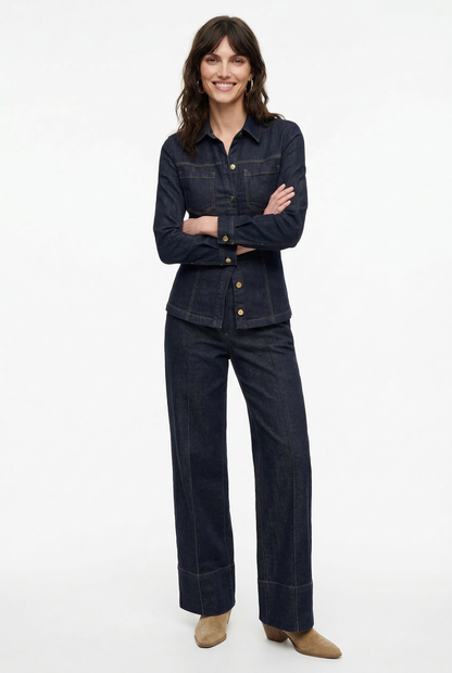 Denim Two-Piece Set with Tailored Button Jacket, Wide-Leg Pants, and Gold Hardware